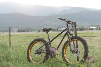 SIMBB Fat Tire E-Bike leaning on a fence with mountains in the background