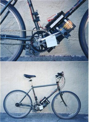 The first Optibike Prototype in 1998, shown with its lead acid battery pack and mid drive motor