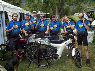 A group of Optibike Riders took 1st to 7th places in the Pikes Peak Hill Climb Event in 2011, shown here after the race with their Optibikes.