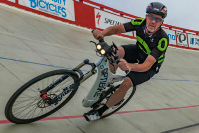 Optibike on 45 degree banked Velodrome Track in Boulder, CO