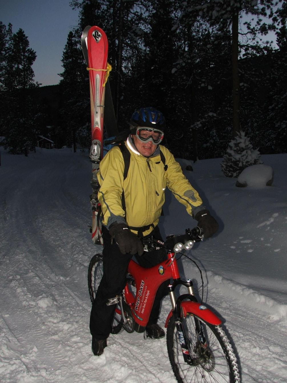 Jeff Baum on His Optibike in Breckenridge, CO, where he rides it through the snow to work with skis strapped to his back