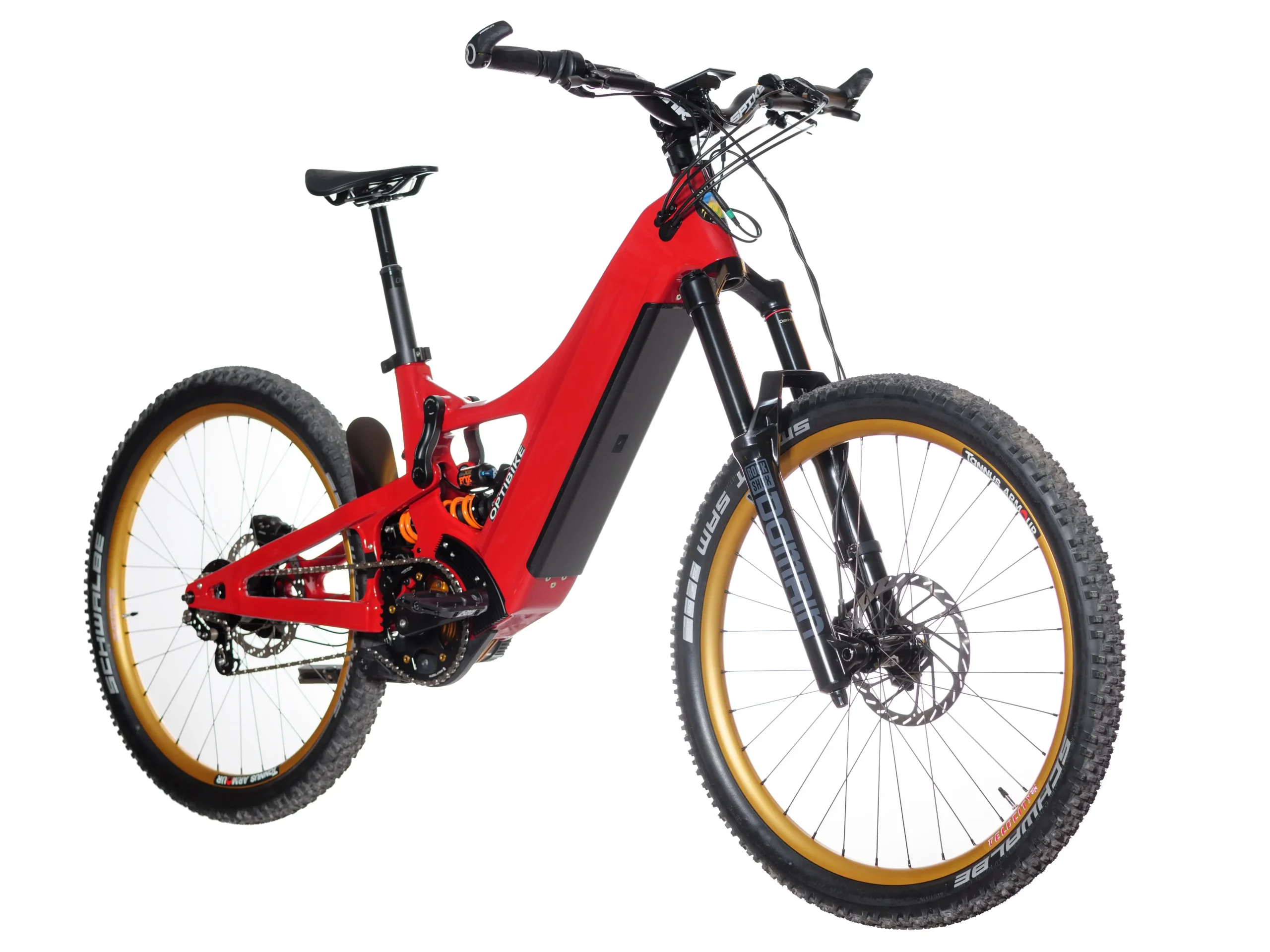 Red electric mountain bike with suspension and thick tires