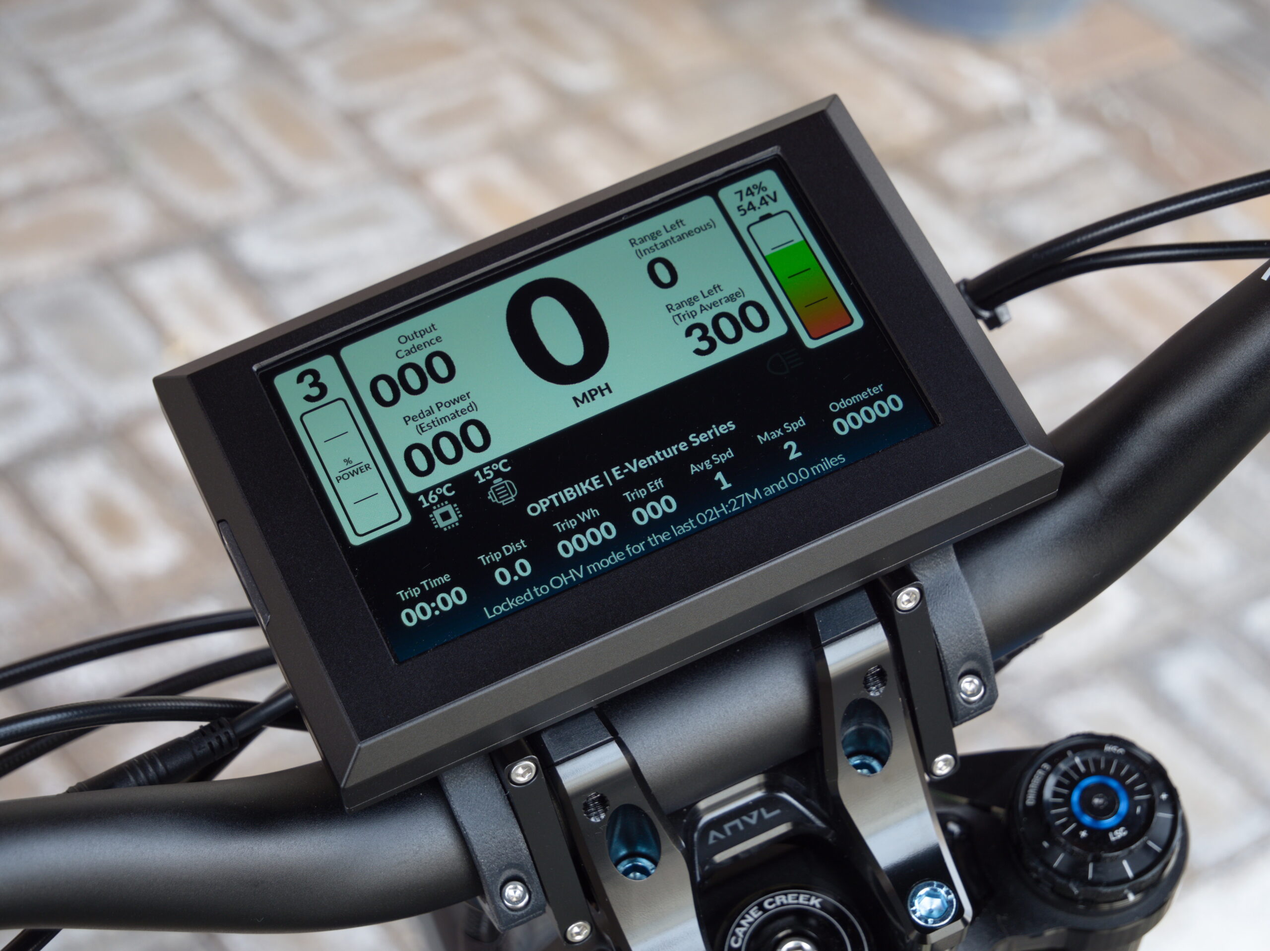 Electric bike display showing speed and battery level